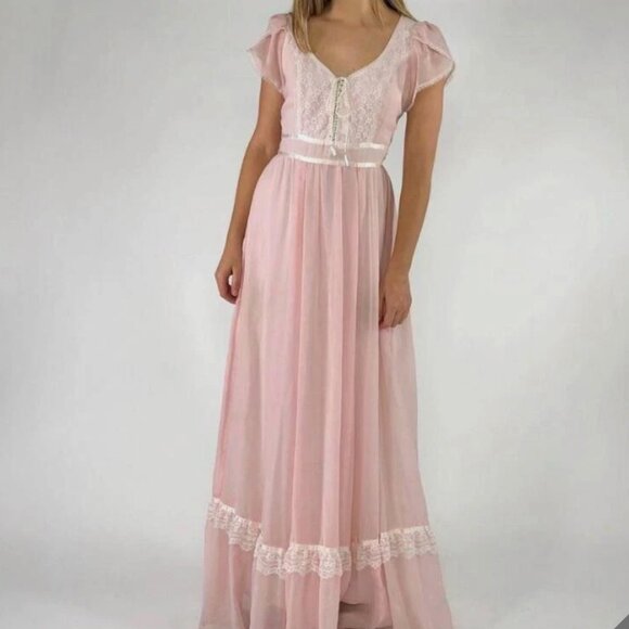 Gunne Sax Vintage Pink Lace Up Prairie Maxi Dress Romantic Milkmaid 70s 80s - Picture 1 of 12